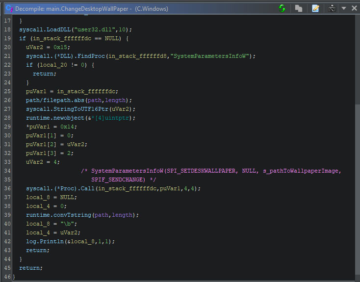 Figure 49 - The function call to SystemParametersInfoW to change the wallpaper to the given image