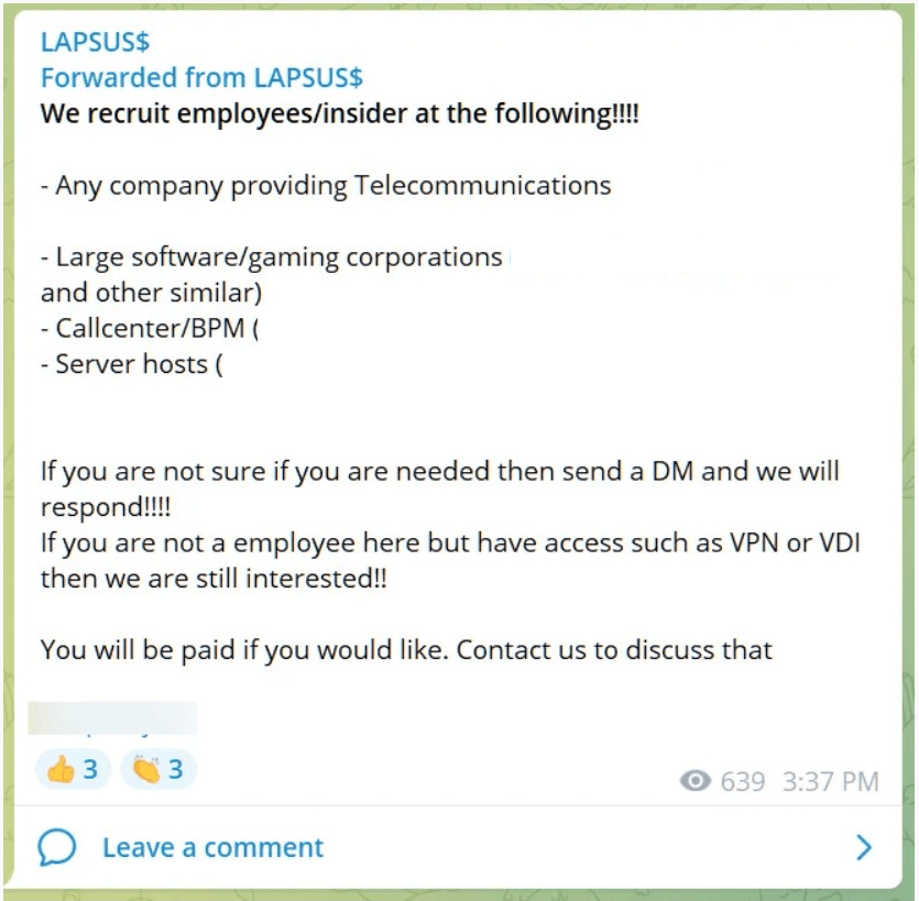 Figure 1. LAPSUS$ Recruitment Offer for Company Insiders
