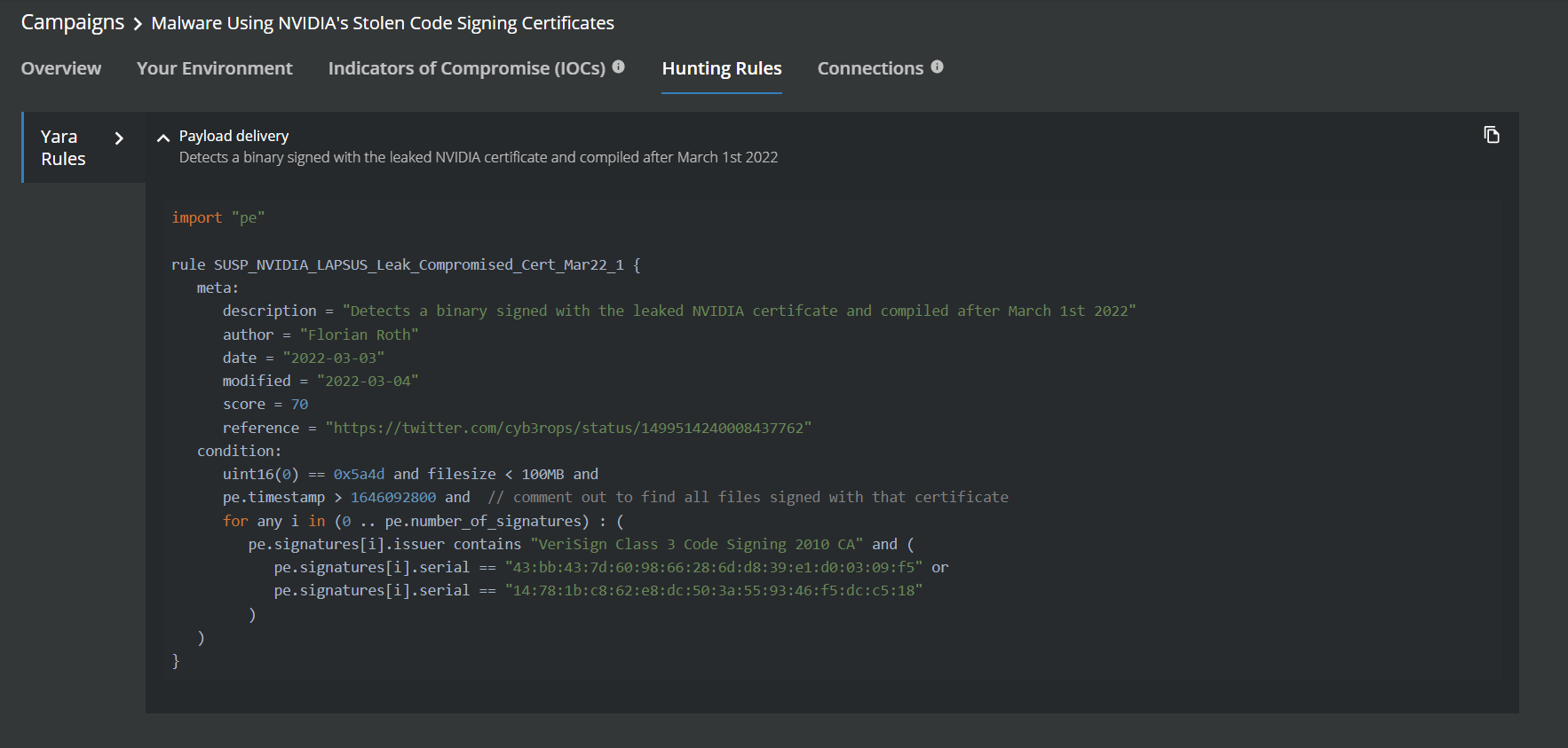 Figure 5. Yara Hunting Rules for malware using stolen NVIDIA Certificates