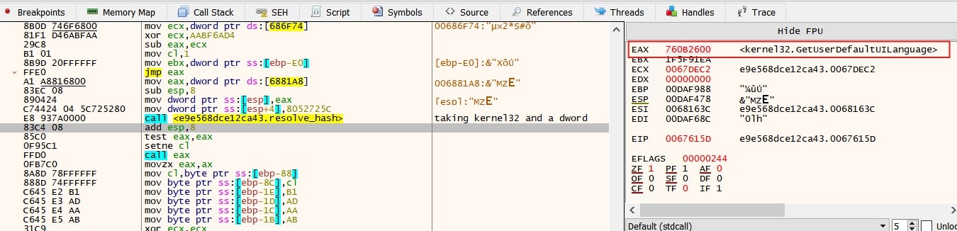 Figure 16: GetUserDefaultUILanguage API being resolved using dynamic API
hashing