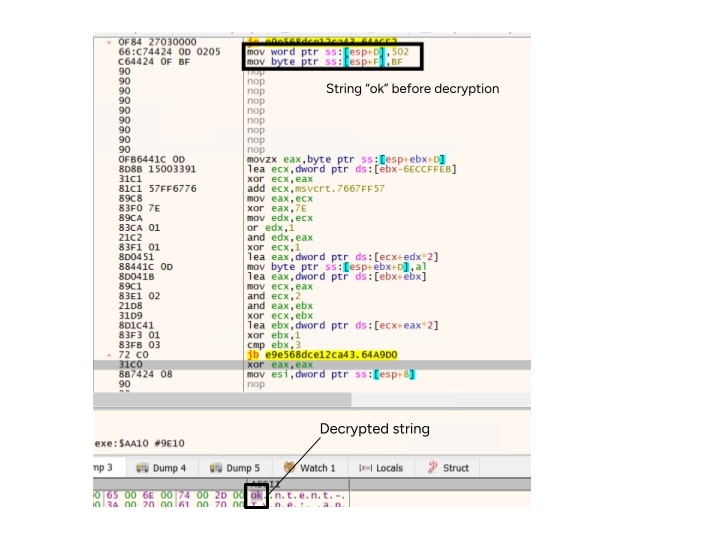 Figure 20: Lumma validates the response from the server to match the string
“ok”. Notably, this string is encrypted rather than stored in plain text.