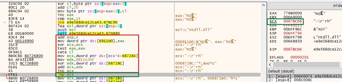 Figure 6: The next instruction is determined by calculating ECX, with the green
box highlighting the calculation used to derive ECX