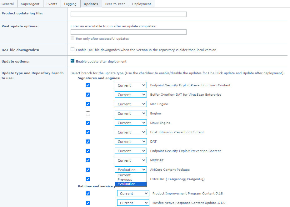 Figure 2: The Trellix Agent update branch selection policy area