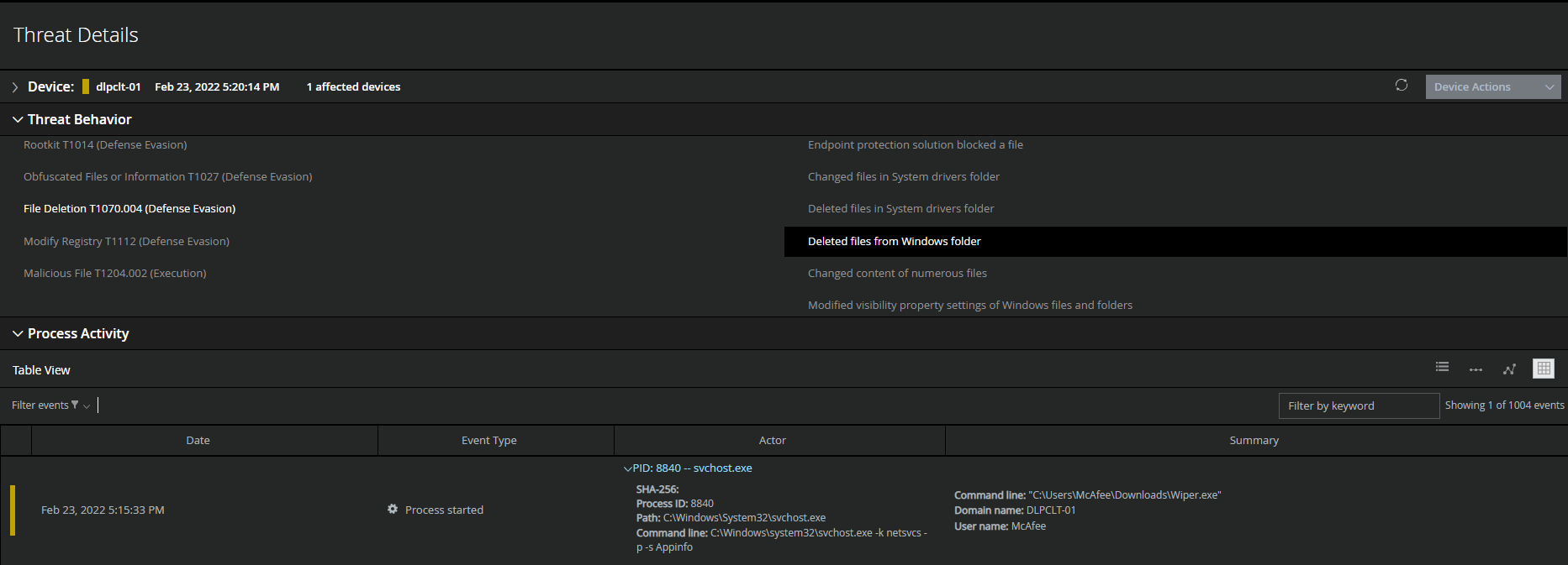 Figure 7. MITRE Techniques and Threat Behavior noting deletion of System Drivers and Windows files