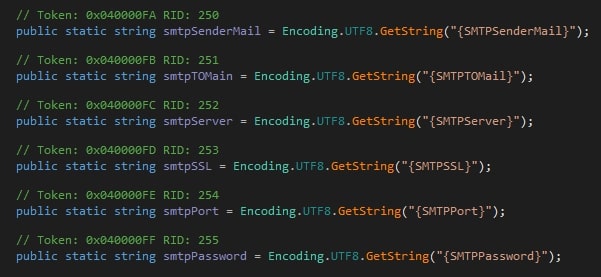 Figure 17: 0bj3ctivityStealer’s SMTP placeholders.