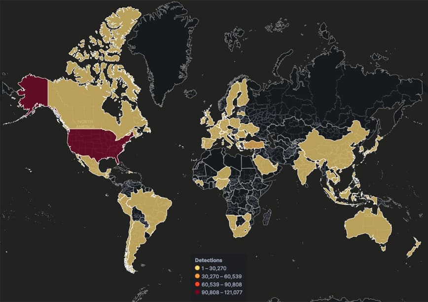 図 2 過去 3 か月間の Qakbot 検出のグローバル ヒートマップ