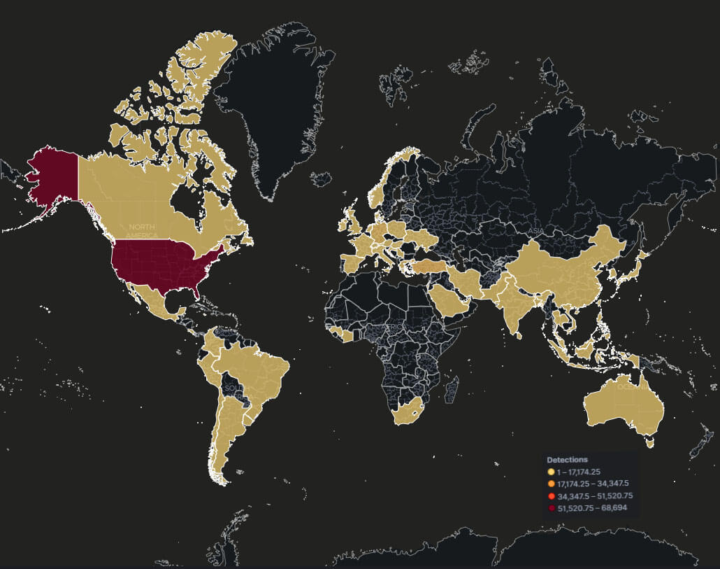 図 3 – QakBot 攻撃の地理的ヒートマップ