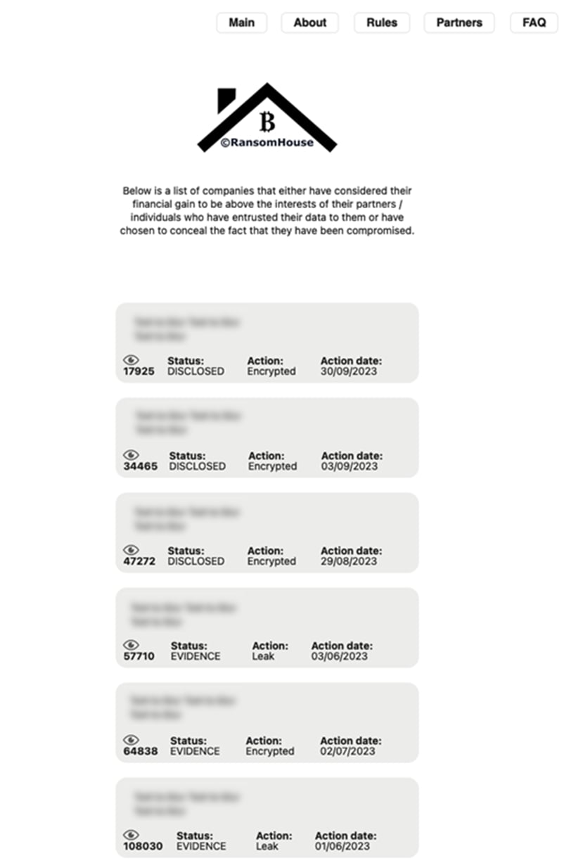 Figure 1 - Censored screenshot of the RansomHouse victim leak page