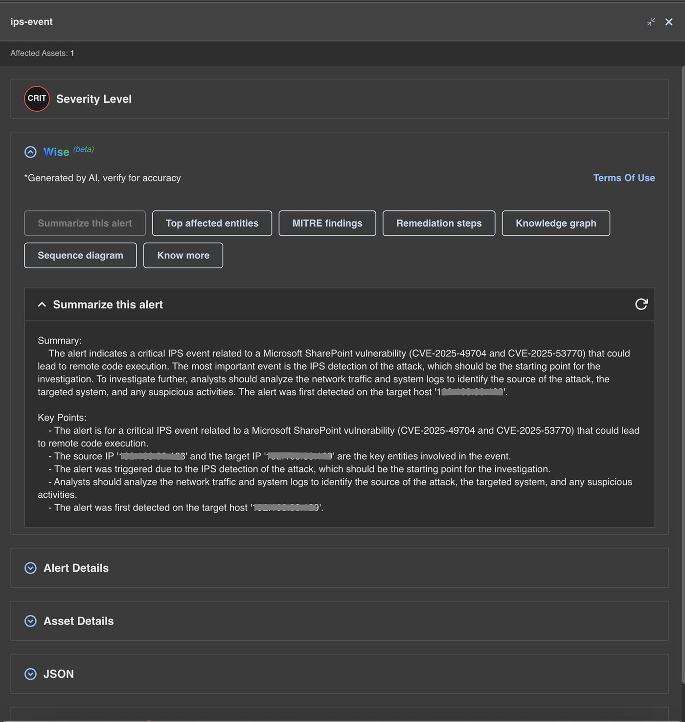 Figure 10: NDR Alert Summary for CVE-2025-53770