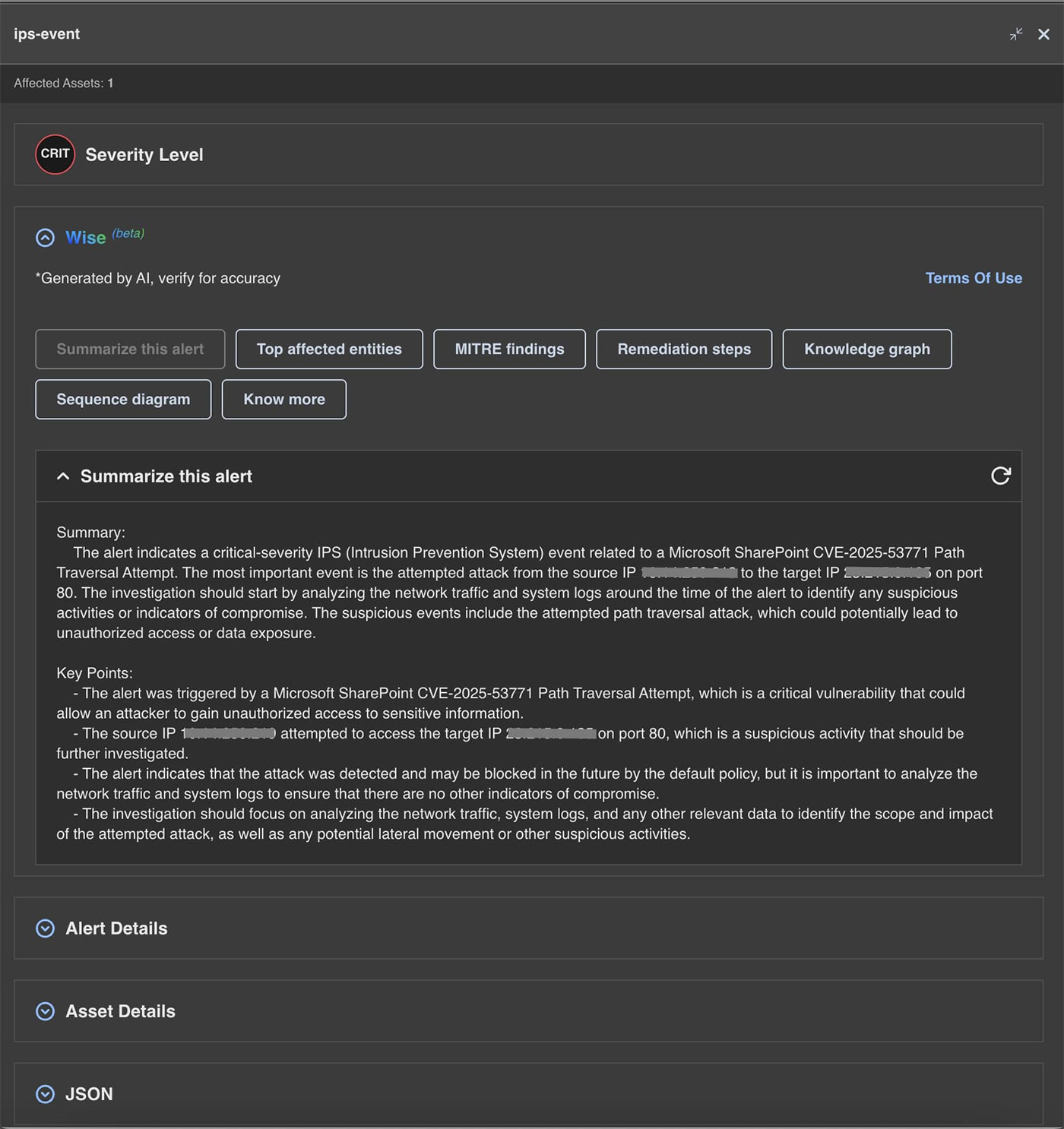 Figure 13: NDR Alert Summary for CVE-2025-53771