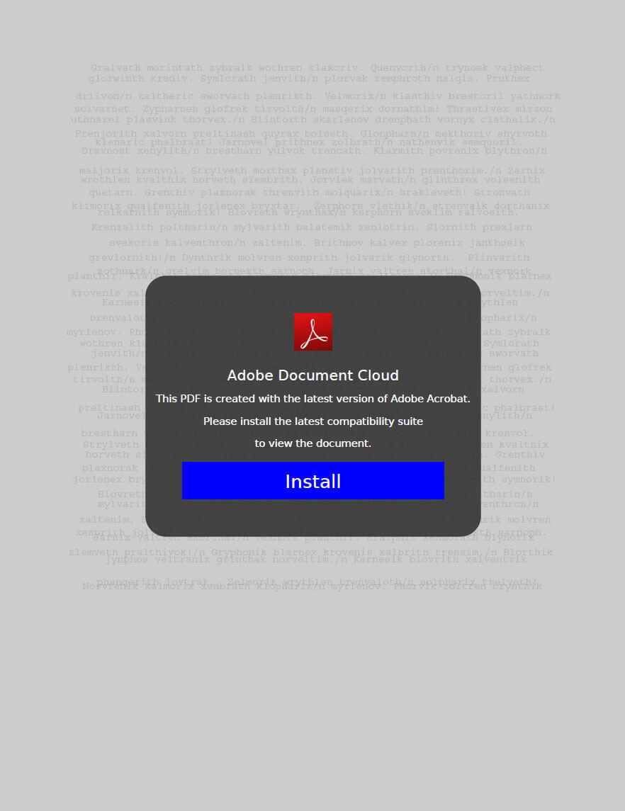 Figure 4: PDF attached to the emails requesting the users to download the latest Adobe Reader version by clicking the button.