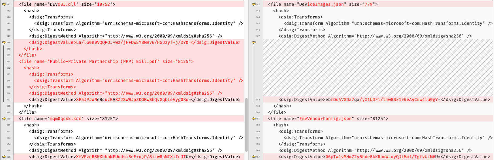Figure 5: Comparison of the ClickOnce manifest: Left – malicious version (MagTek public key token replaced with nulls, Adobe branding); Right – snippet of the legitimate manifest.