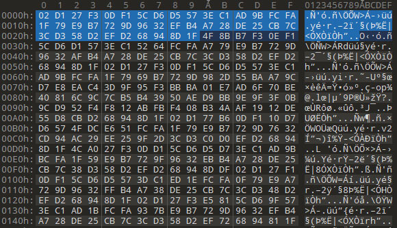 Figure 7: Hexadecimal representation of the encrypted binary, highlighting the first 42 bytes, which represent the XOR key used to decrypt the rest of the binary.
