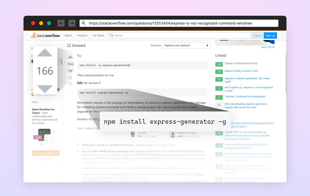図 5: 「express-generator」npm パッケージの使用を推奨する StackOverflow の人気の回答のスクリーンショット