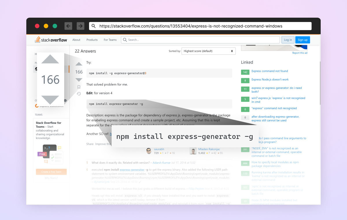 Figure 5: Screenshot from a popular StackOverflow answer, recommending using “express-generator” npm package