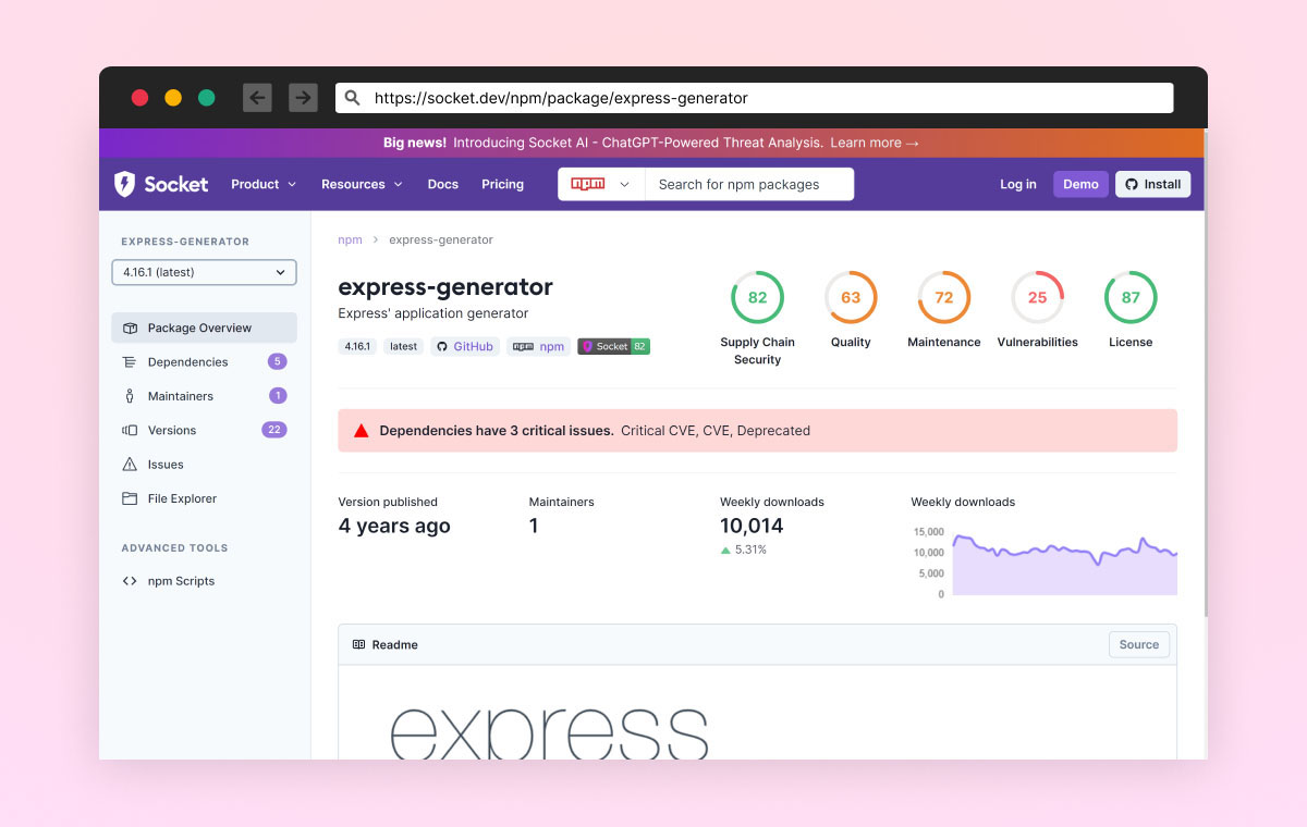 Figure 7: A screenshot of socket.dev display the package report of express-generator package express-generator package