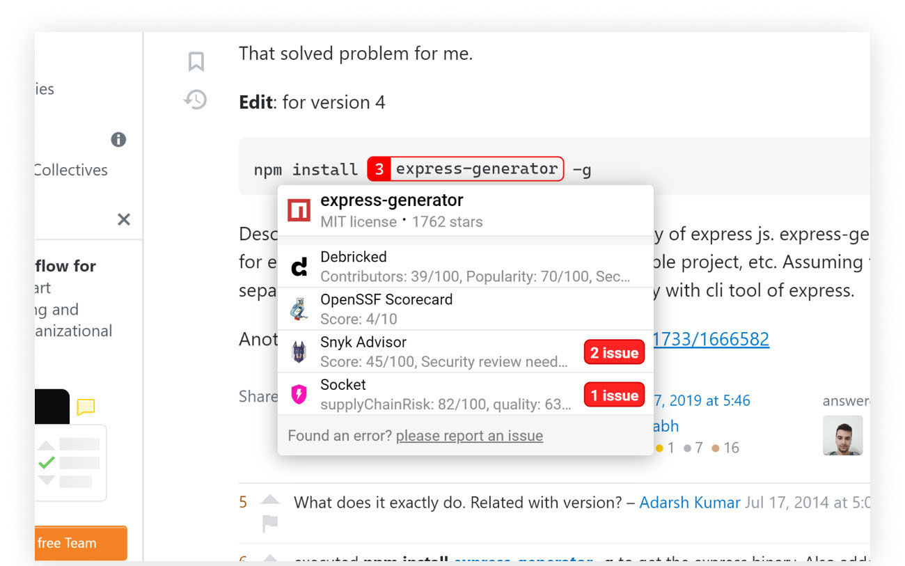 Figure 9: A screenshot from a popular StackOverflow answer with Overlay browser extension tooltip