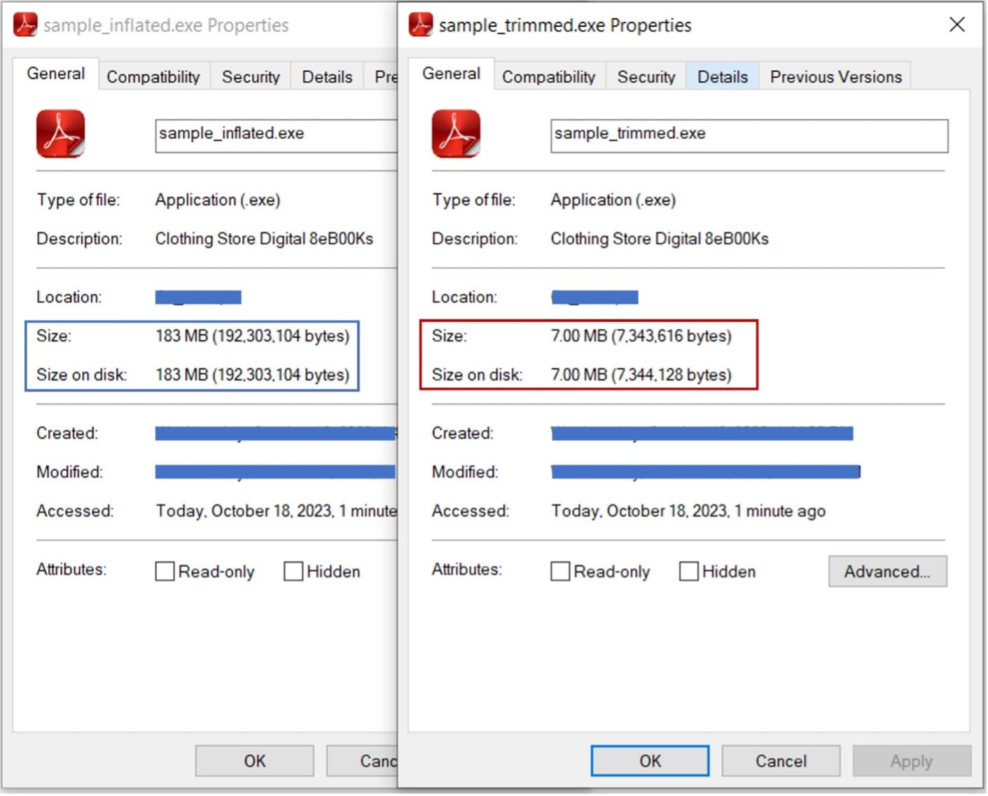 Figure 17: Comparison of file properties between Inflated file with trimmed file