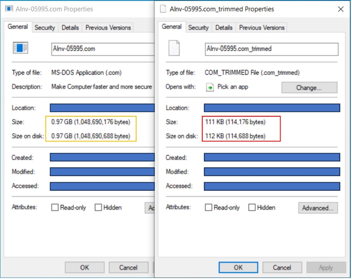 Figure 20: Comparison between Inflated file and trimmed overlay file properties