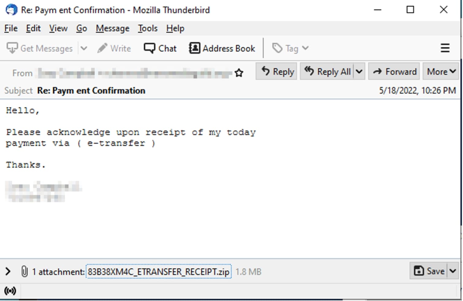 Figure 5: Email example with malicious zip attachment