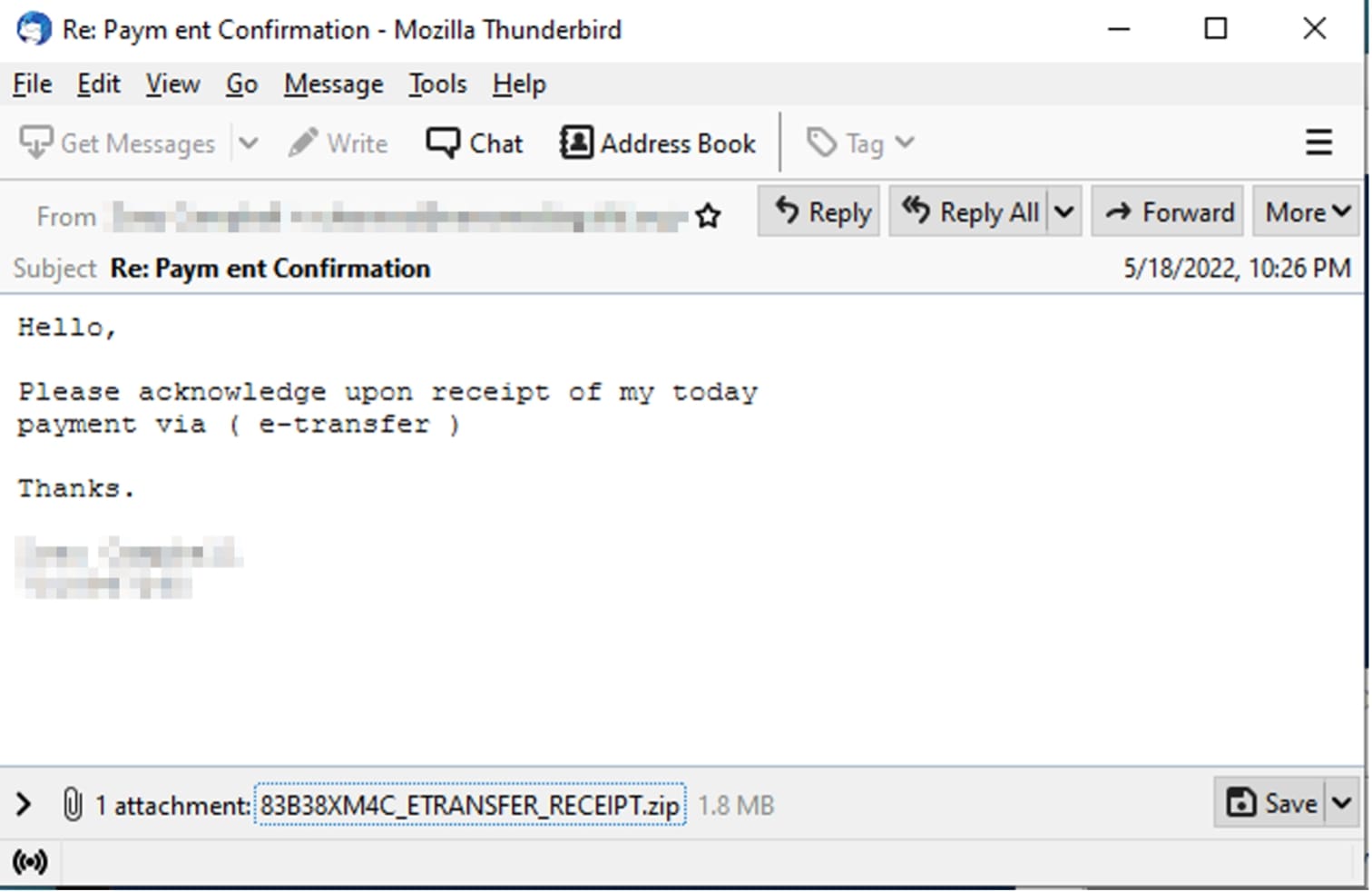 Figure 5: Email example with malicious zip attachment 