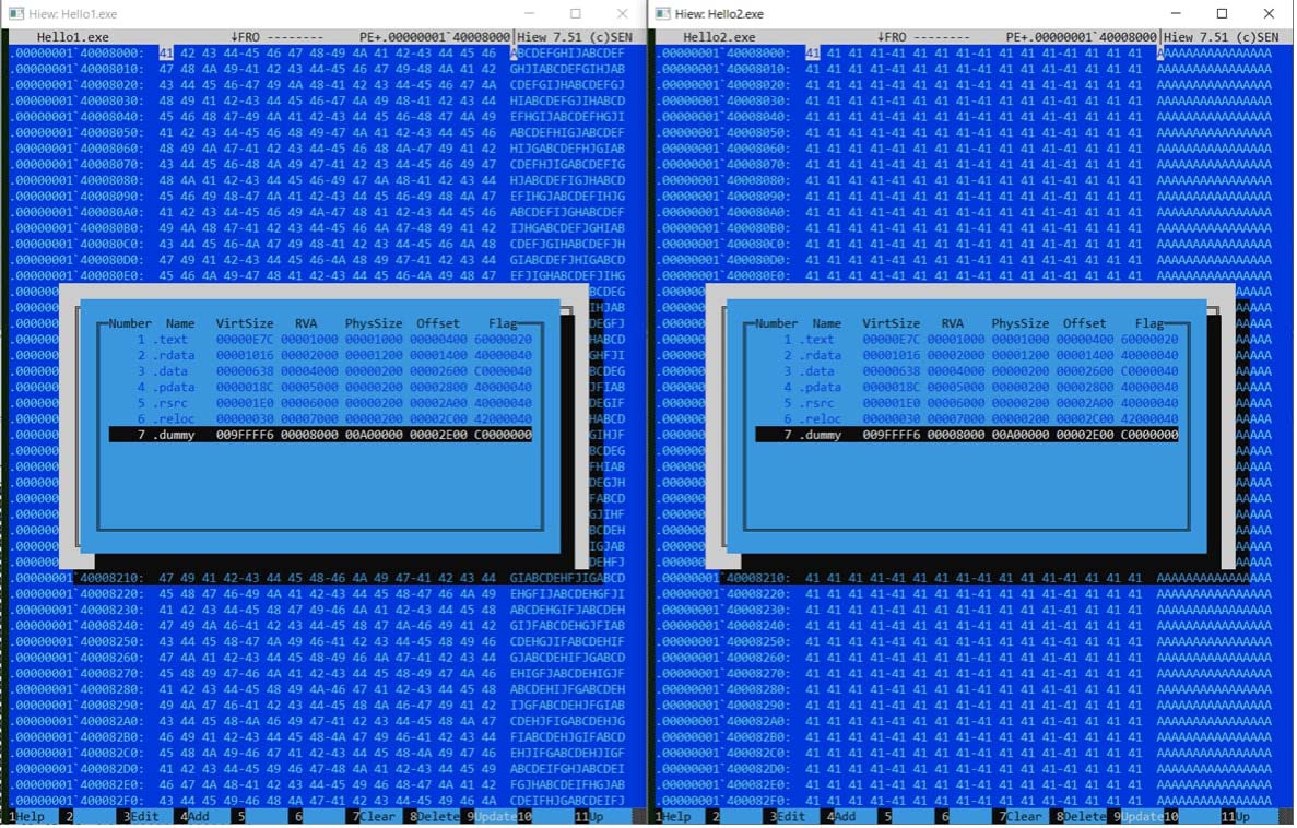 Figure 9: Dummy exe files (Hello1.exe showing higher entropy data than Hello2.exe)