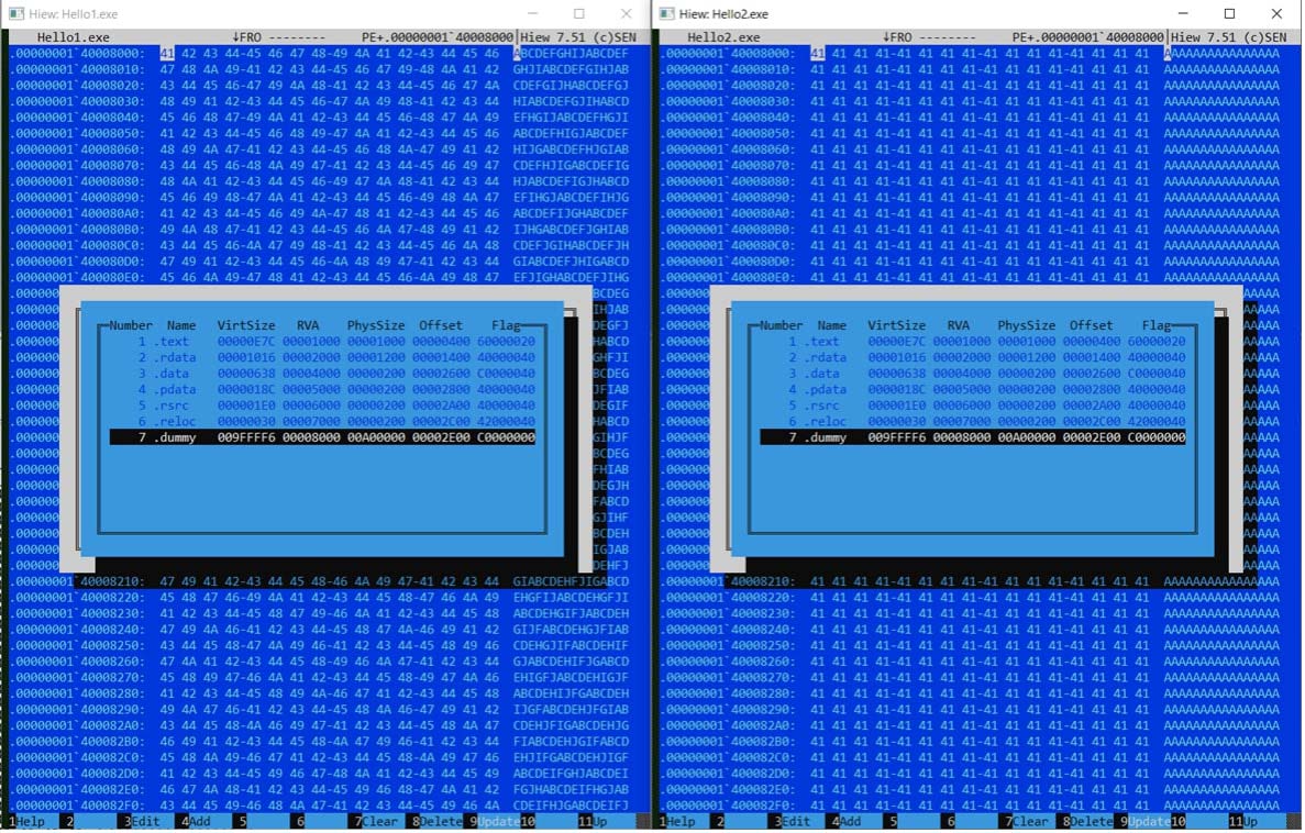 Figure 9: Dummy exe files Hello1.exe showing higher entropy data than Hello2.exe