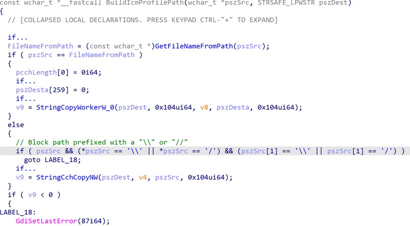 Figure 4 UNC path check in BuildIcmProfilePath function