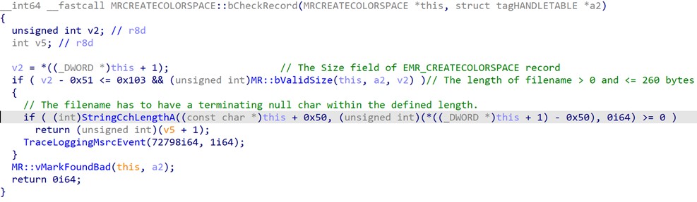 Figure 6 MRCREATECOLORSPACE::bCheckRecord after patch