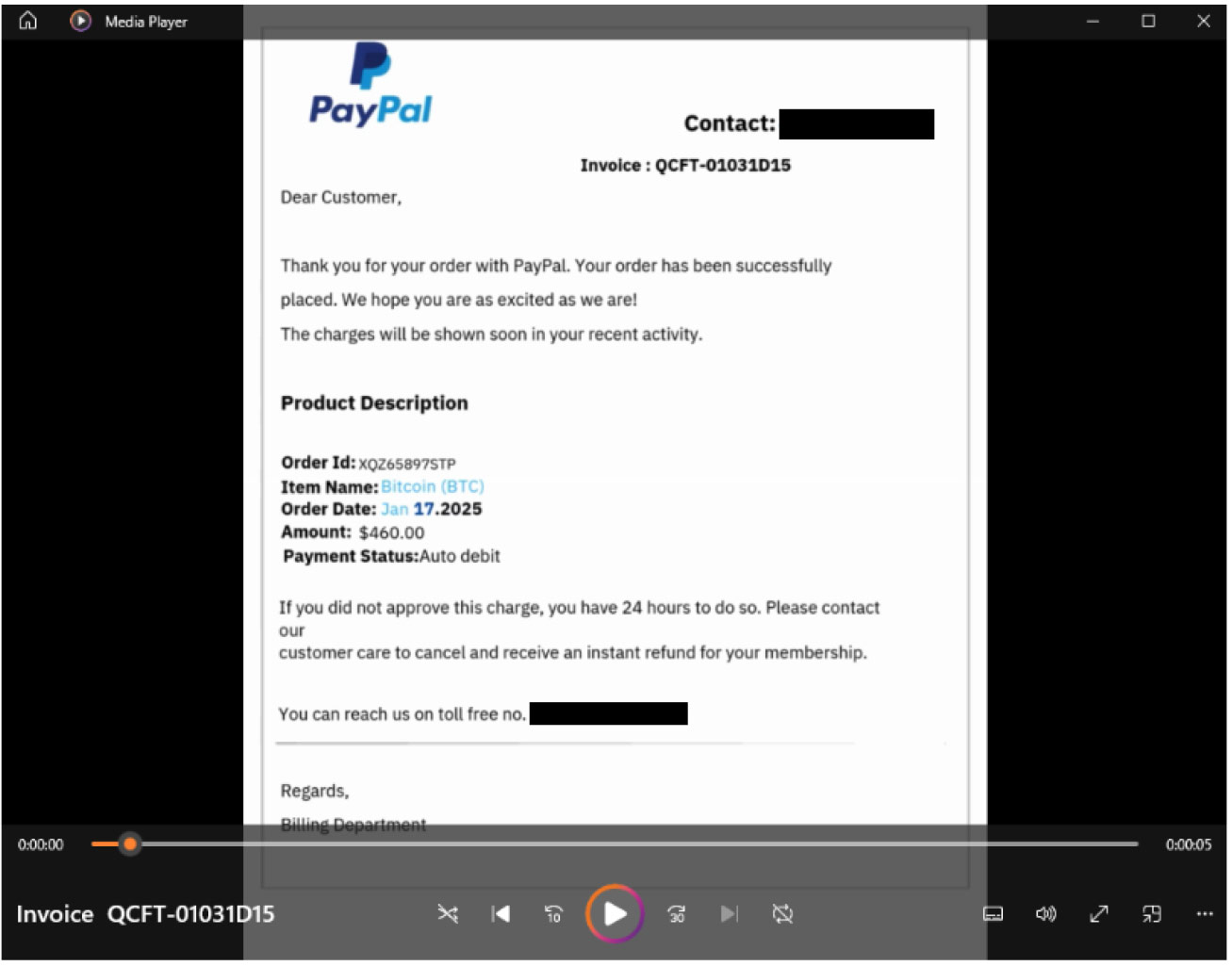 Figure 5: Fake PayPal Invoice MP4 attachment