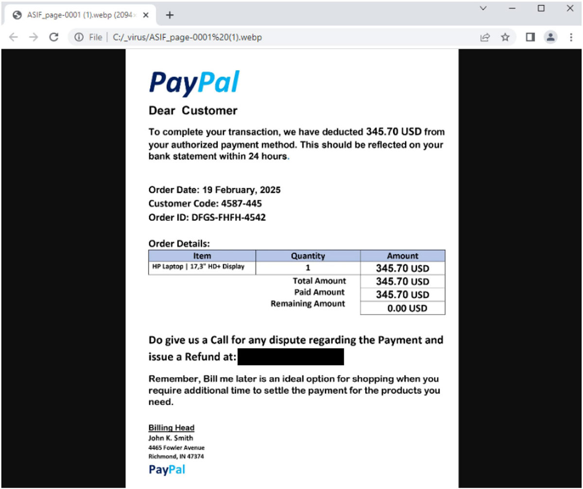Figure 7: Fake PayPal Order Notification WebP attachment