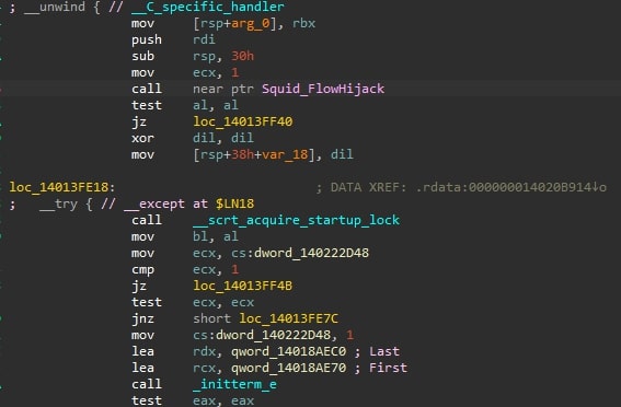 Figure 4: This figure shows SquidLoader hijacking __scrt_common_main_seh in the crt prologue.