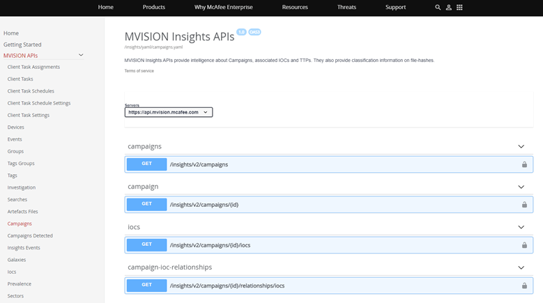 Figure 3. MVISION Insights APIs to access Campaigns, IOCs, and TTPs for added threat intelligence and correlation