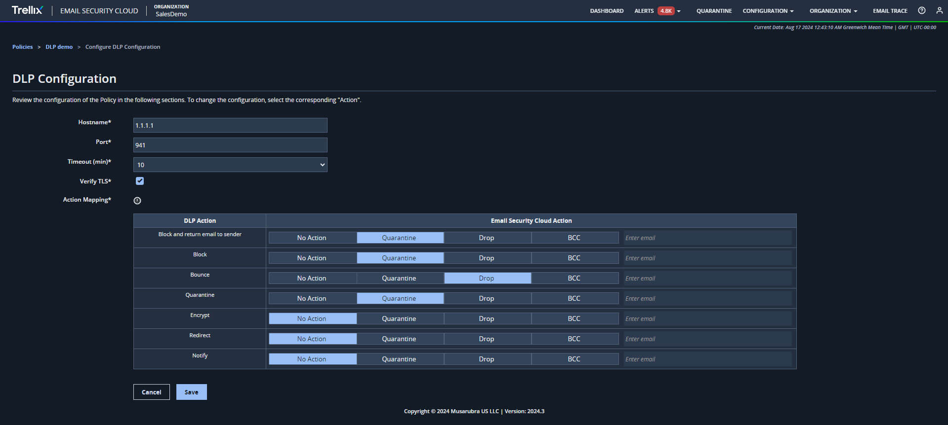 Figure 1: DLP policy mapping from the Email Security Cloud console.