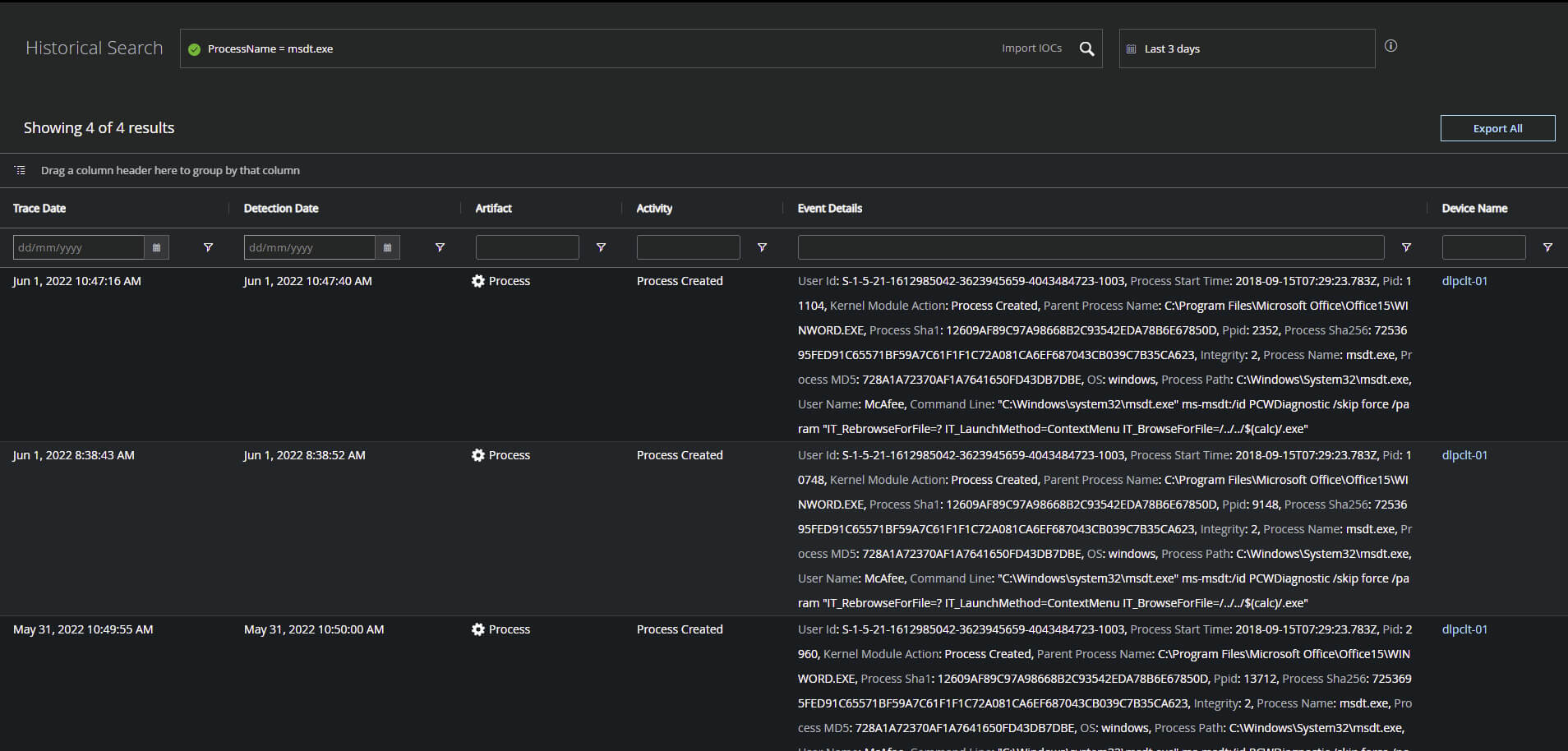 Figure 10. MVISION EDR Historical Search query across all endpoints either online or offline to locate prior MSDT.exe process activity