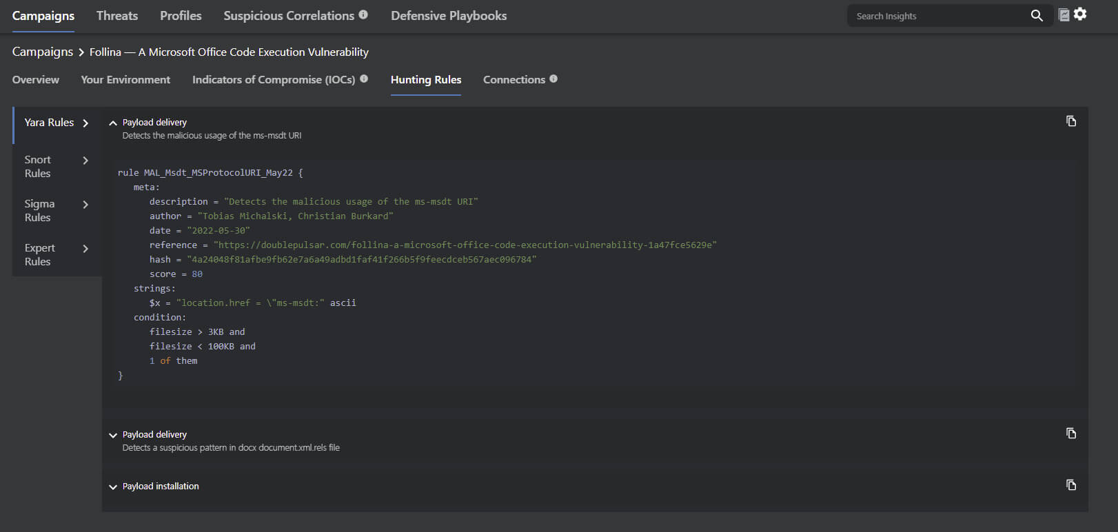 YARA, Snort, and Sigma Hunting Rules specific to Follina Vulnerability Source: MVISION Insights