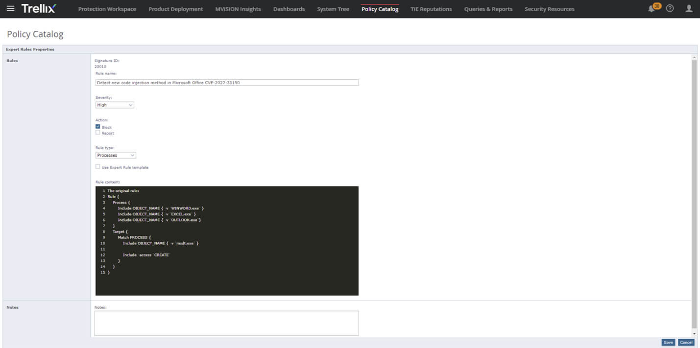 Creating specific Expert Rule for Microsoft Office (CVE-2022-30190) in Trellix ENS