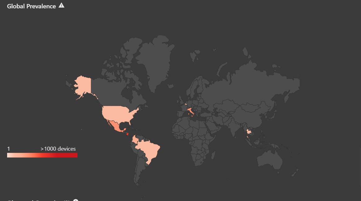 Figure 1 Global Prevalence for Genesis Market-linked malware over the last 7 days