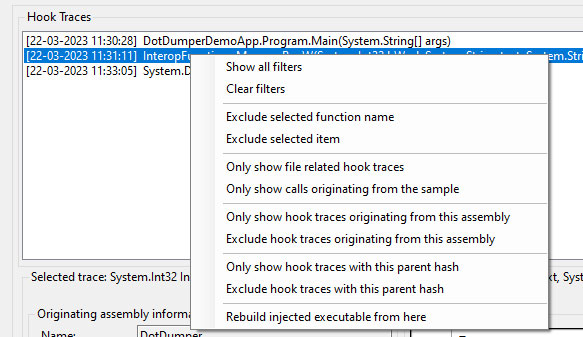 Figure 4 – DotDumperGUI’s main interface’s trace context menu