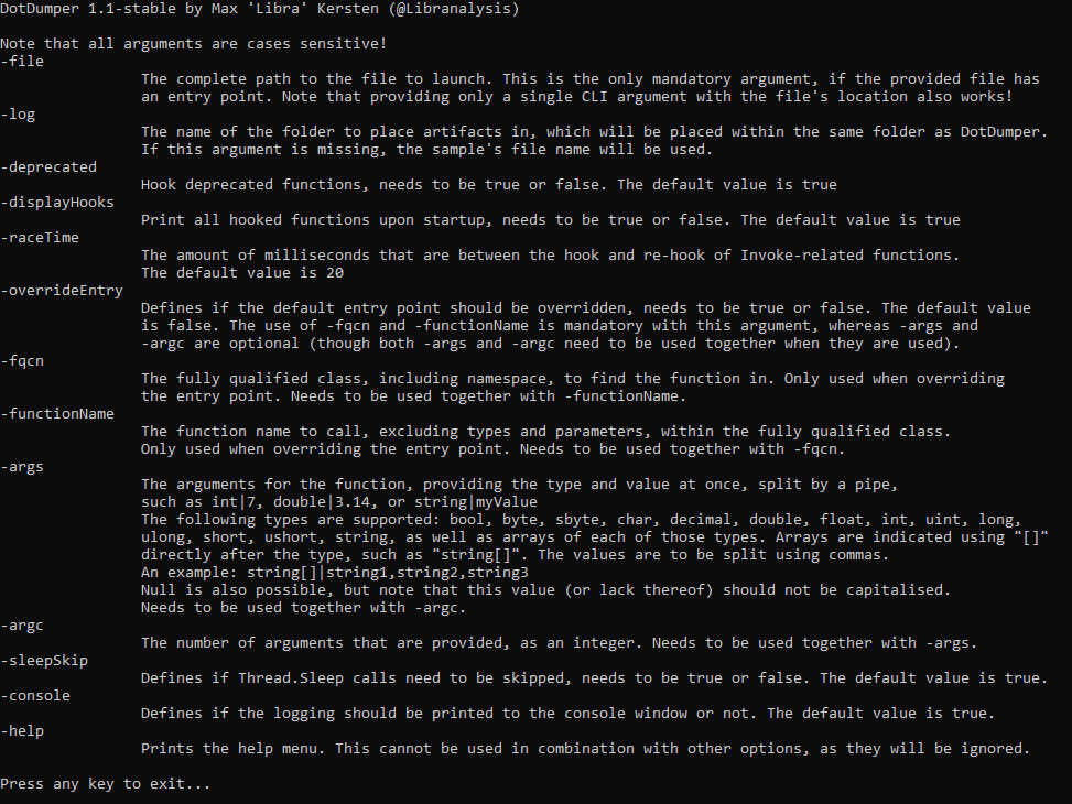 Figure 6 - DotDumper's updated command-line interface help menu