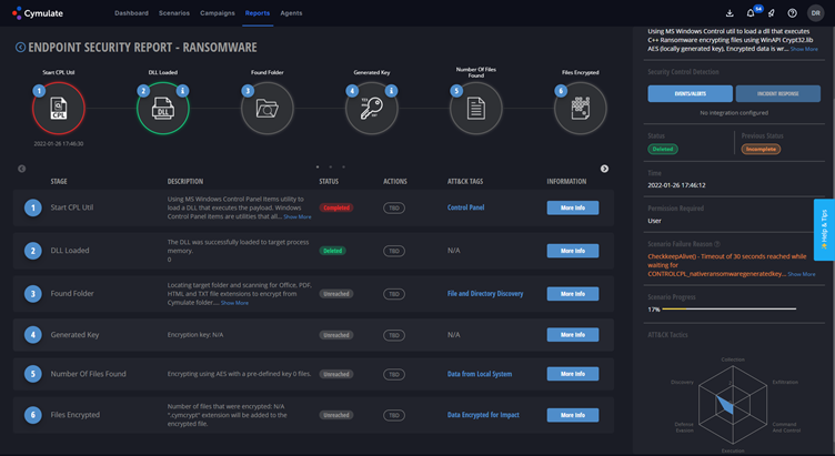 Figure 3: Cymulate’s ransomware scenario report with McAfee ENS 10.7 default configuration