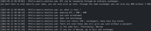 Figure 16 Felix (Yanluowang’s tester) explaining how they exchange BTC to cash
