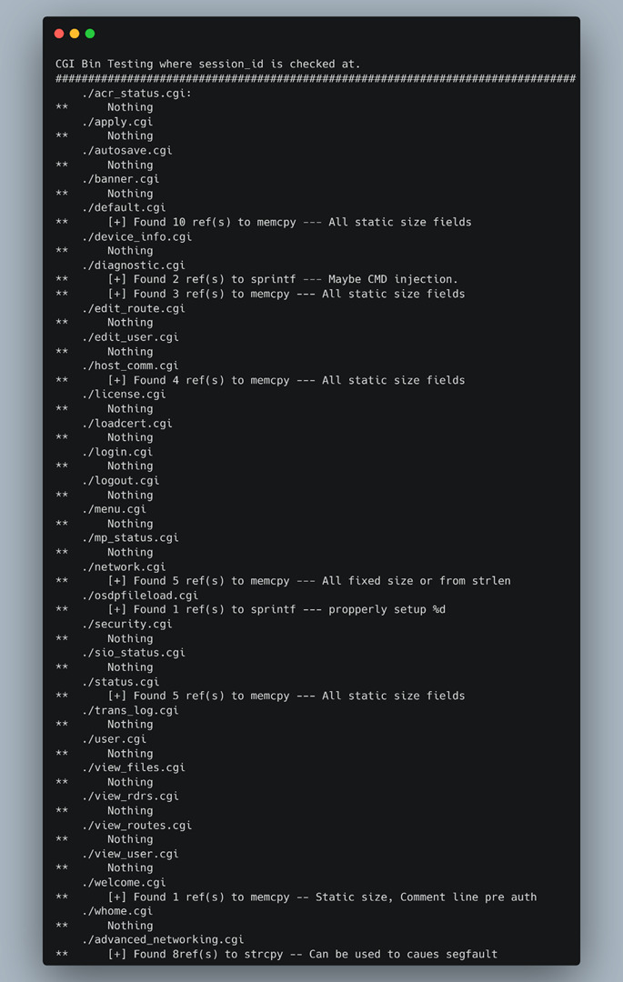 Output from the IDA Python dangerous functions script.
