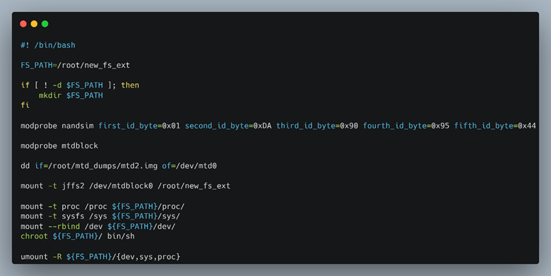 Emulating MTD devices and chrooting into the MTD filesystem dump.